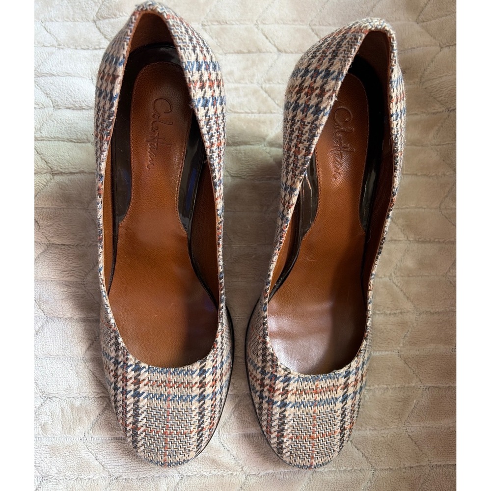Cole Haan Nike Air Tali Plaid Tweed Wedge Pumps Tan Blue Round Toe Heels 9.5B - Picture 5 of 9